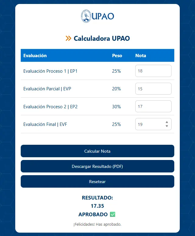 Captura de pantalla de la Calculadora UPAO mostrando el ingreso de evaluaciones, porcentajes y notas para calcular el promedio ponderado automáticamente.