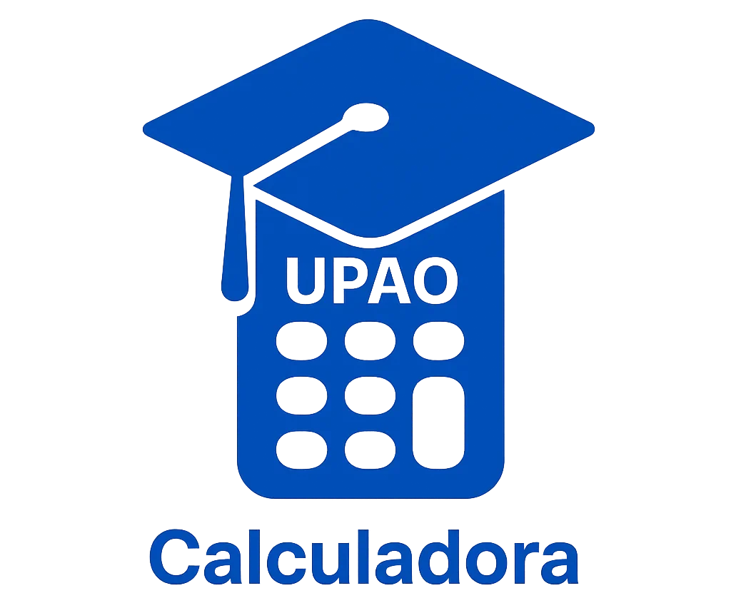Logo de la Calculadora UPAO con texto en azul y birrete académico representando cálculo de notas